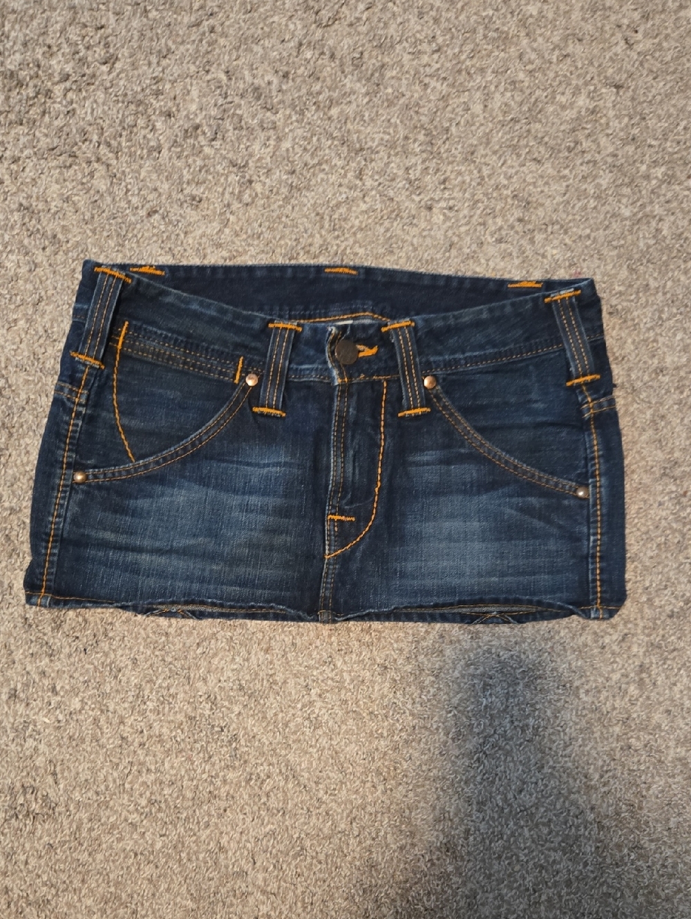 True Religion Dark Blue Denim Mini Skirt with Contrast Stitching